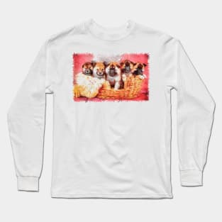 Adorable Pomerian breed puppies. Baby, cute and furry puppies in minbre basket Long Sleeve T-Shirt